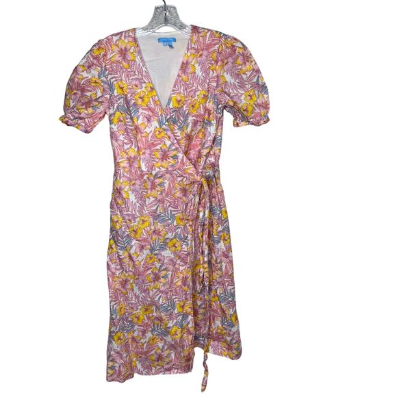 Draper James Pink Floral Linen Wrap Dress Women’s Size 6 Puff Sleeve Midi - Picture 1 of 7